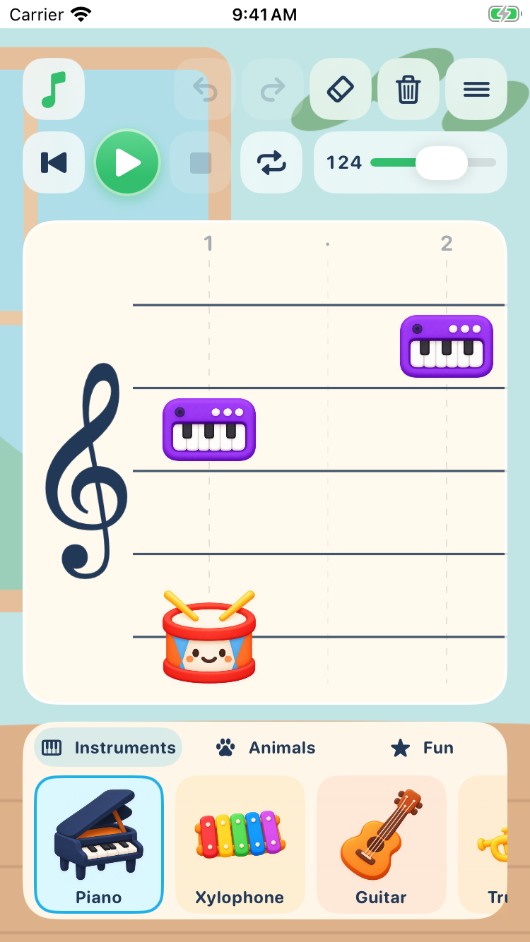 Pluki's music sheet and sound tray in the iPhone portrait layout